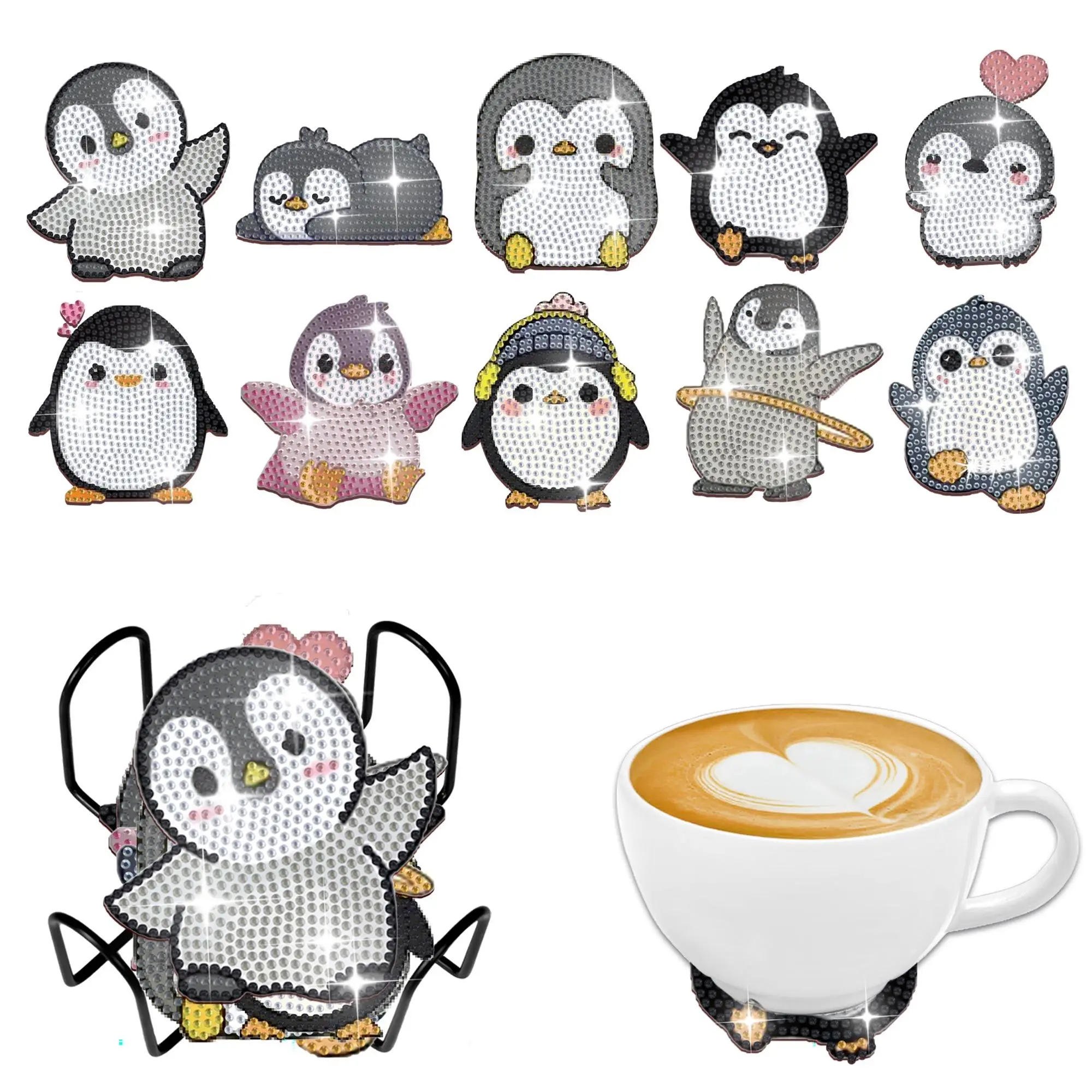 10 irregularly shaped penguin pattern diamond painted coasters DIY crystal diamond painted wooden table coasters with stand, Diamond Painting Coasters, Diamond Art Coasters, suitable for Home, adult office coffee MATS, handicrafts, supplies and gifts