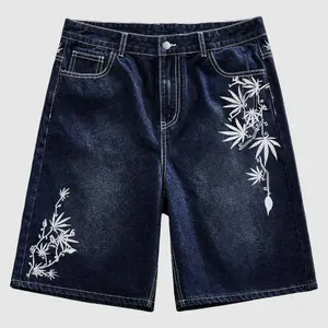 Men's Cotton Y2K Leaf Embroidered Denim Shorts, Dark Blue Washed Baggy Jean Shorts with White Plant Embroidery & Contrast Stitching, 90s Streetwear Casual Shorts for Men