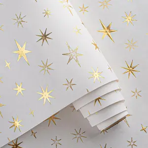 White Wrapping Paper-17inch*197inch（ 23.4sq.ft.ttl Per Roll - White Gold 3D Embossed Foil Star Pattern for Christmas,Birthday, Party,Wedding,Bridal Shower Shower,Thanksgiving
