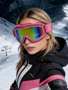 Large Fashionable Rhinestone Ski Goggles, Reflective Polycarbonate Anti-Explosion Lenses, Adjustable Frame, Outdoor Windproof Eyewear