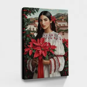 Mexican Christmas Decorations Woman Holding Bouquet, Red Flowers, White Dress With Red Accents - Modern, Realistic, Detailed, Naturalistic Style, Wall Decor Poster for Room, Wood Framed Canvas Painting Photo Ornaments Artwork Gifts 1pc