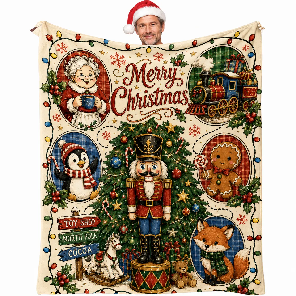 [Black Friday] 60''x80'' Merry Christmas Nutcracker Blanket, Cute Christmas Tree Penguin Gingerbread Polyester Flannel Throw, Holiday Gift for Boys Girls Family, Christmas Gift