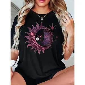 Women's Casual Sun & Moon Graphic Tee Crew Neck Short Sleeve Machine Washable Perfect for Spring & Summer Cotton Shirt Top Womenswear Black Breathable Polyester Blend Comfortable Stylish T-Shirt Unisex Design Day Knitted