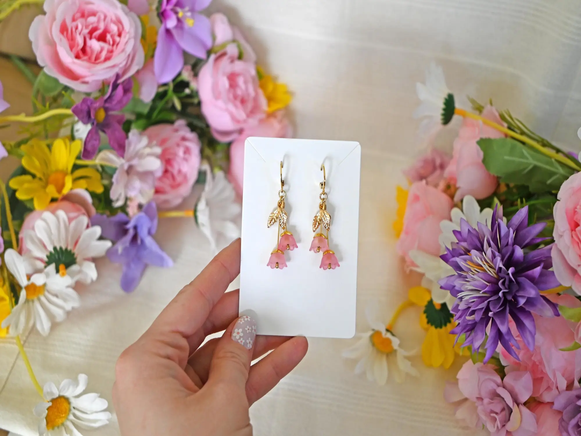 Handmade Pink Lily of the Valley Dangling Earrings with Gold Plated Brass Beads & Metal Alloy Leaf Charms for Spring & Summer Jewelry