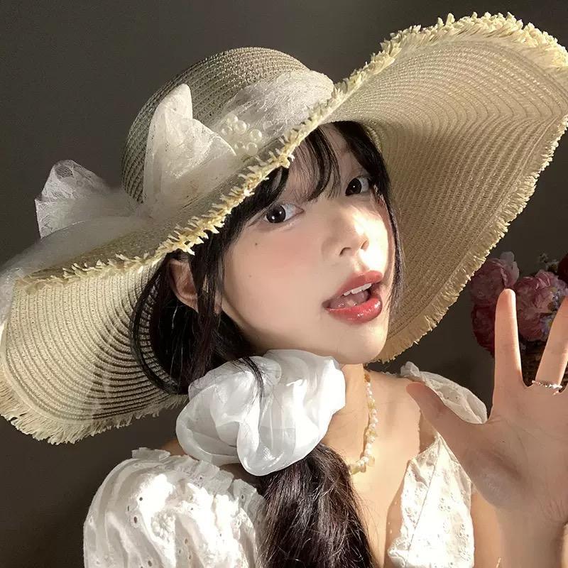 2025 n solar powered fan hat ew straw female lace bow summer large brim sunscreen sun beach sun sun fashion  trucker hats women fitted hats bonnet blue ti hats beret store one  piece  fake  straw  hat custom fedoras