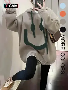 Women's Cartoon Face Print Drop Shoulder Hooded Knitted Soft Sweater, Fashion Casual Style Long Sleeve Drawstring Hooded Sweater for Daily Holiday Outdoor Wear, Women Knitwear Tops for Fall & Winter, Sweaters for Women, Womenswear