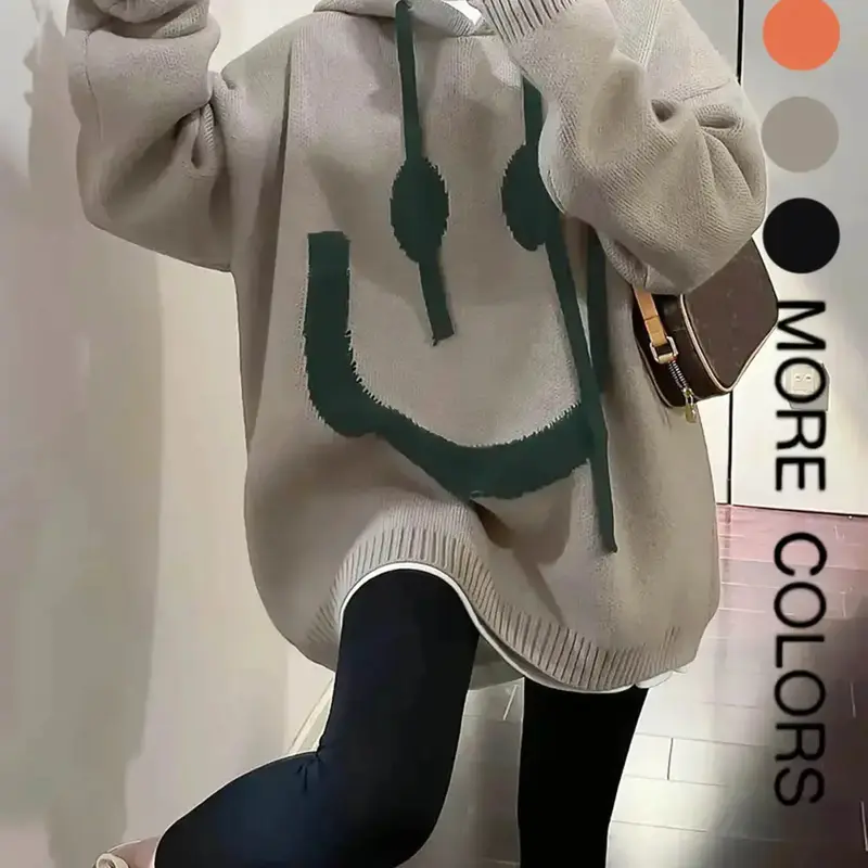 Cartoon Face Print Drop Shoulder Hooded Knitted Soft Sweater, Fashion Casual Style Long Sleeve Drawstring Hooded Sweater for Daily Holiday Outdoor Wear, Women's Knitwear Tops for Fall & Winter, Cozy Knitwear, Womenswear