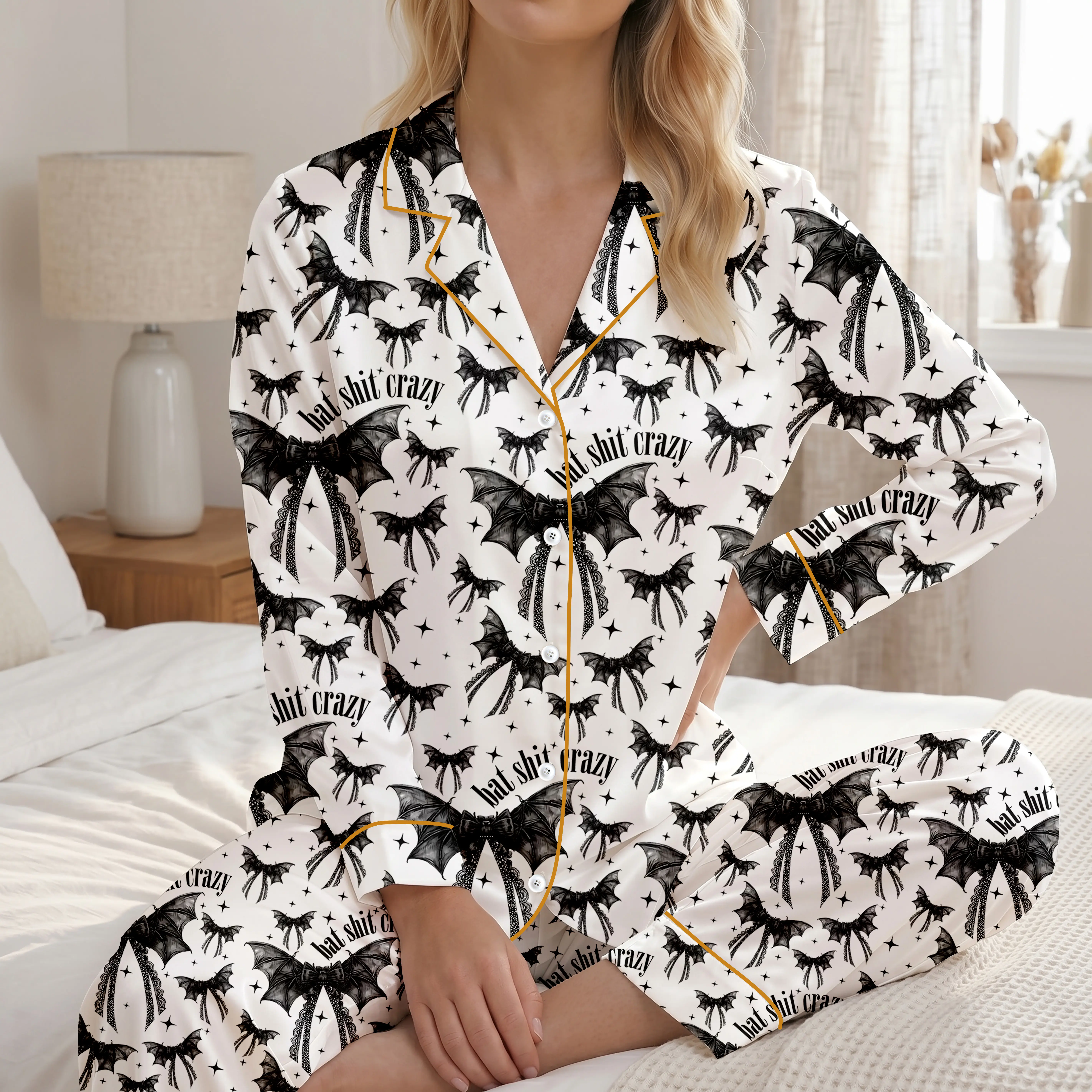 Bat Shit Crazy Gothic Coquette Bow Satin Pajamas, Halloween All-Print Pajamas Bat Gothic Coquette Pajama Set, Homewear Bow Black Gifts for Women