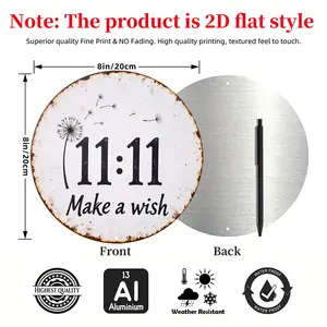 2D Flat 8X8Inch Circular rustic metal sign with dandelion 1111 make a wish design suitable for home decor,  Perfect for Room Decor