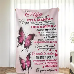 Pink Butterfly Print Spanish Letter Blanket |   Mom to Daughter Gift, Throw with Heartfelt Bilingual Messages, All-Season Cozy Comfort for Birthdays & Mother’s Day, Butterfly Design, Durable