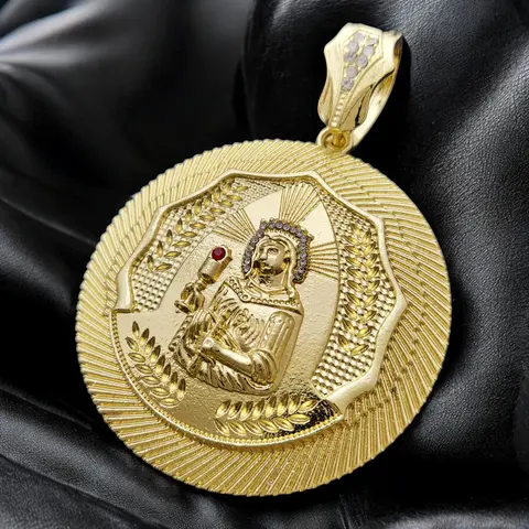 MaxBling81 Gold-Plated CZ Large Santa Barbara Religious Figure Medal Charm Pendant - Gold-Plated Over Alloy Metal, Glossy Polished Shine, Unisex Daily Aesthetic Fashion Jewelry Accessories (2.3" W x 3.15" H)