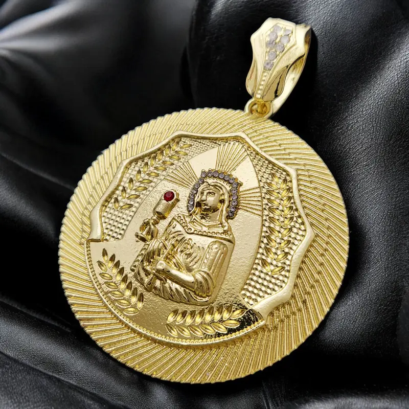 MaxBling81 Gold-Plated CZ Large Santa Barbara Religious Figure Medal Charm Pendant - Gold-Plated Over Alloy Metal, Glossy Polished Shine, Unisex Daily Aesthetic Fashion Jewelry Accessories (2.3" W x 3.15" H)