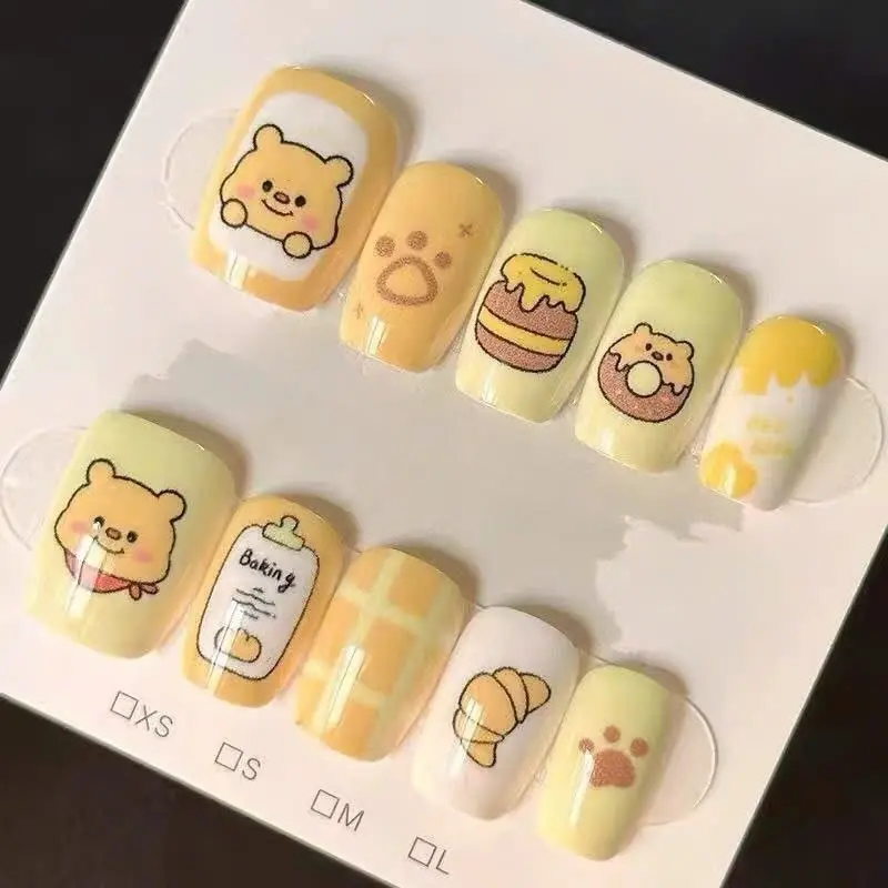 Honey Yellow Cute Bear Bakery Press On Nails | Cute 3D Cartoon Nail Art | Yellow Bear & Sweet Treat Design | Handmade Reusable Gel Nails| FREE Adhesive Tabs  Nail File Cuticle Stick