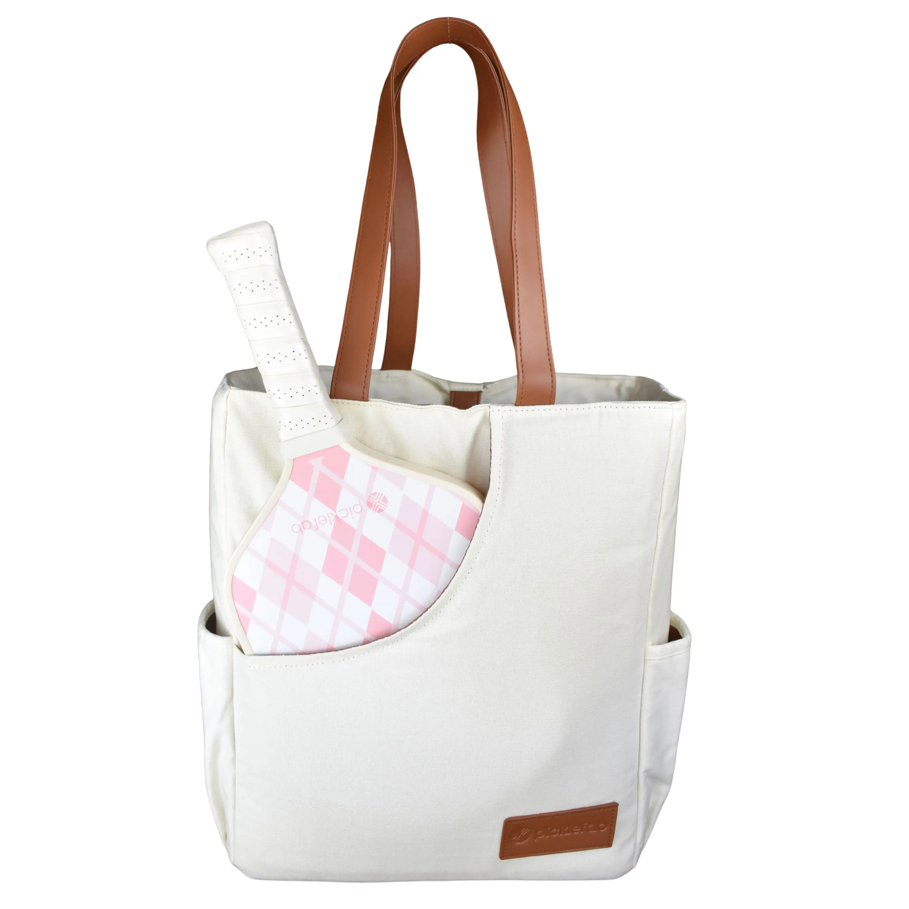 PICKLEFAB Cute Pickleball Bags for Women, Canvas & Vegan Leather Pickle Ball Tote Bag with Cover Pockets for 4 Paddles, 14"x12"x5" Medium Tote Bag with Paddle Pocket, Designer Pickleball Gift for Female
