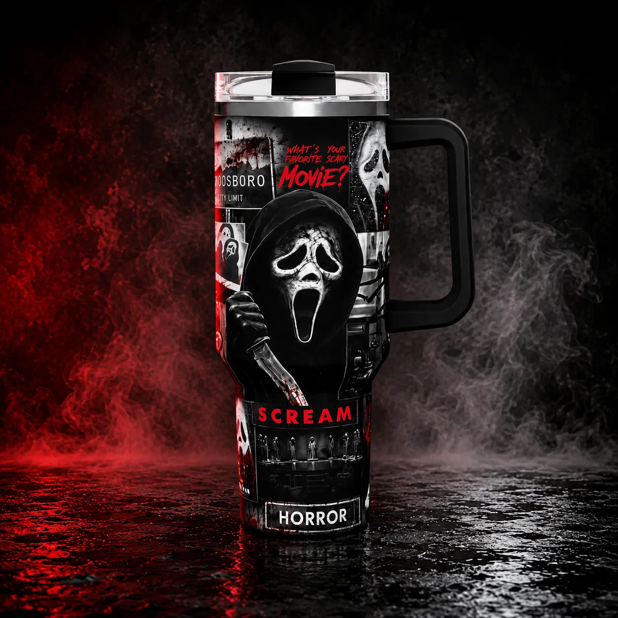 40oz Scary Movie Inspired Novelty Stainless Steel Heat Resistant Cup - 1000-2000ml Double Wall Insulated Vacuum Flask with Straw, Halloween Aesthetic Bold Art Kitchenware, Desk Use Gift for Horror Fans