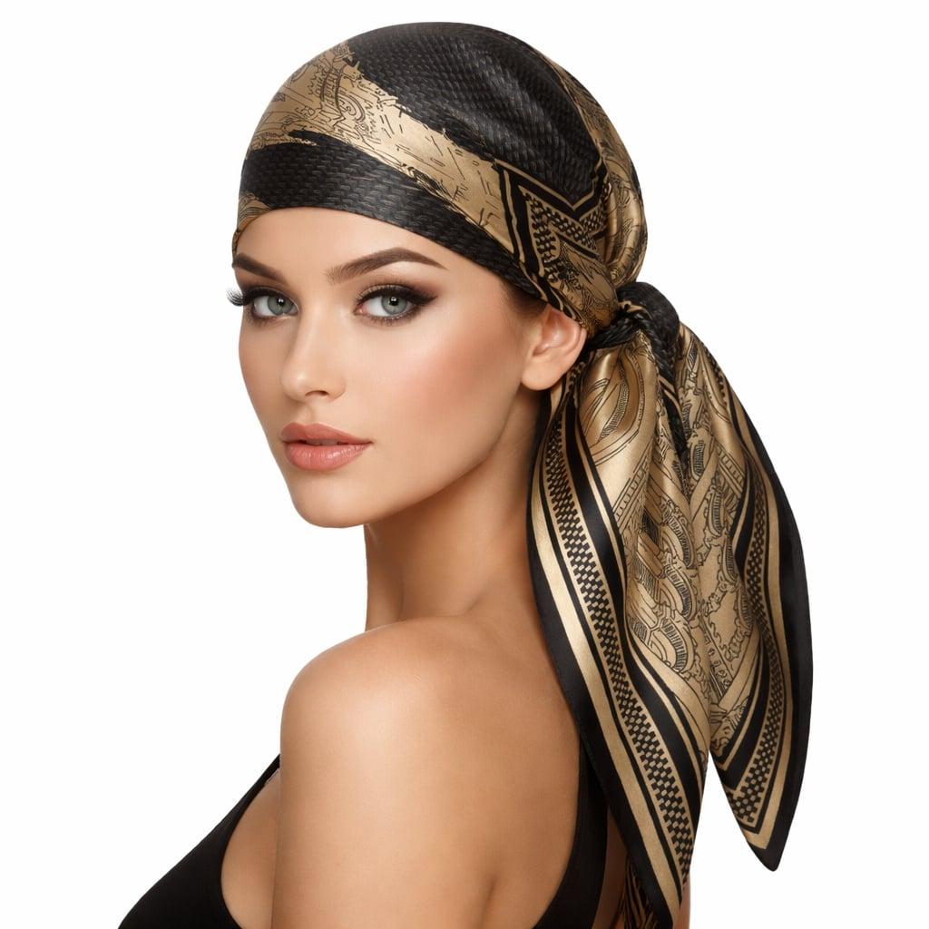 Retro Black & Gold Mulberry Silk Crepe Satin Headscarf with Geometric Print, Sun Protection, Multi-Purpose Women’s Scarf  long night scarf