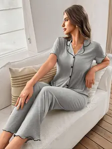 Women's Summer Knit Sleepwear Set, Casual Loose Fit Short Sleeve Long Pants Pajamas, Soft Fabric Loungewear Homewear for Women