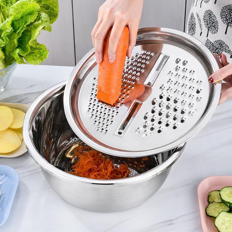 YUQUESEN multifunctional cutting machine,3-In-1 Stainless Steel Multi-Functional Strainer Set, Includes Basin/sieve/cutter, Ideal for Washing Rice Fruits Vegetables Kitchen Essentials