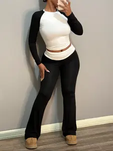 Women's Casual Patchwork Colorblock Long Sleeve Slim Fit Set, Fall Fashion Two-Piece Below the Ankle, Comfortable Knit Fabric