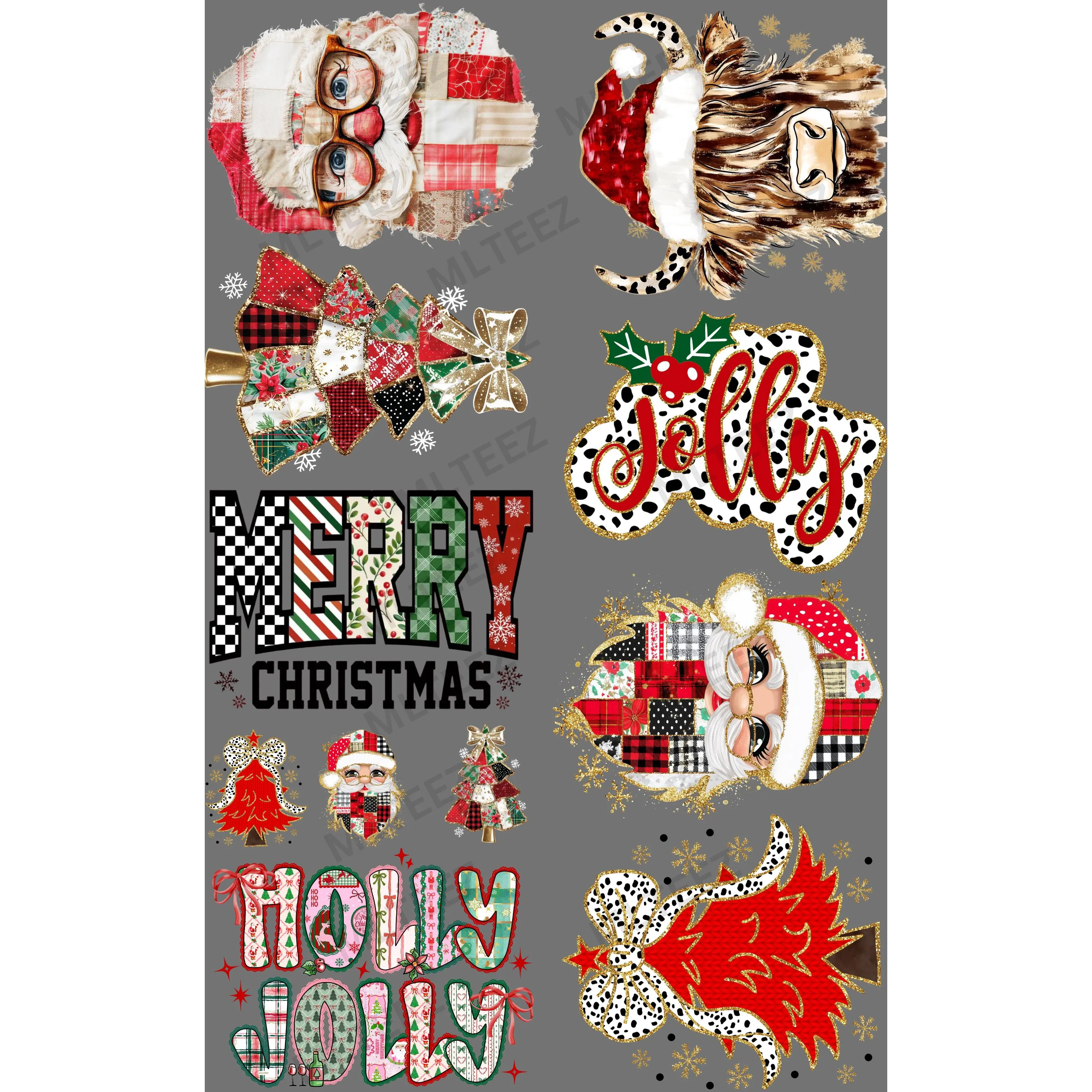 PATCH WORK SANTA & MOO COW PREMADE GANGSHEET  - 22X36  DTF TRANSFERS - DIRECT TO FILM