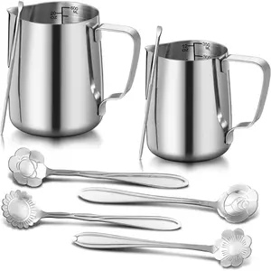 2 Pcs 12 Oz & 20 Oz Stainless Steel Milk Frothing Pitcher Set, Milk Frother Cups with 4 Floral Dessert Coffee Spoons 2 Decorating Art Pens, Espresso Accessories for Kitchen Cafe Bar Silver
