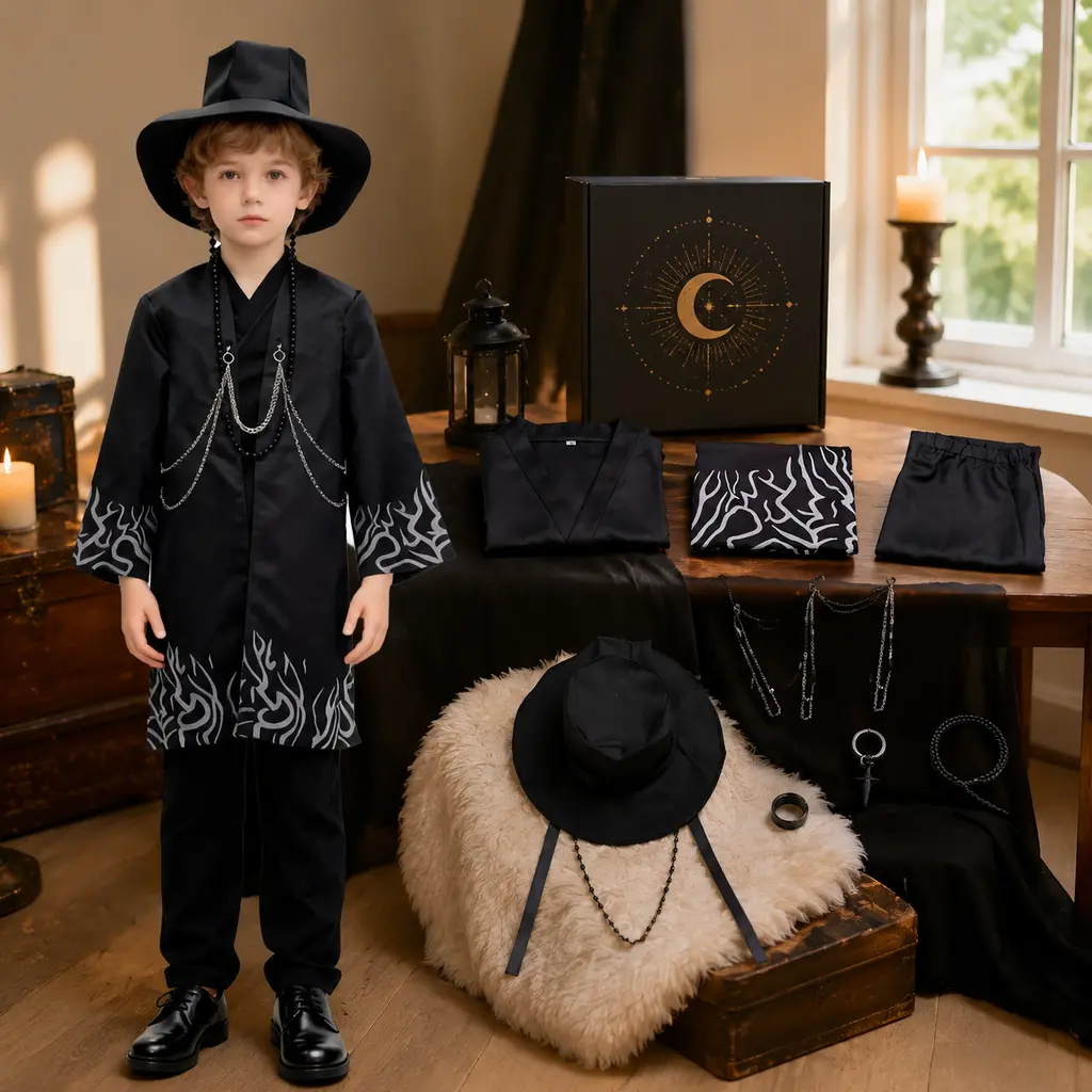 Kids & Adult Dark Gothic Flame Kimono Costume Set,K-pop Costume Kids,Boys Women Halloween Cosplay Costumes,Complete Wizard Vintage Outfit with Hat Chains Jewelry Accessories,Gothic Streetwear Halloween Party Dress Up Suit sohochic