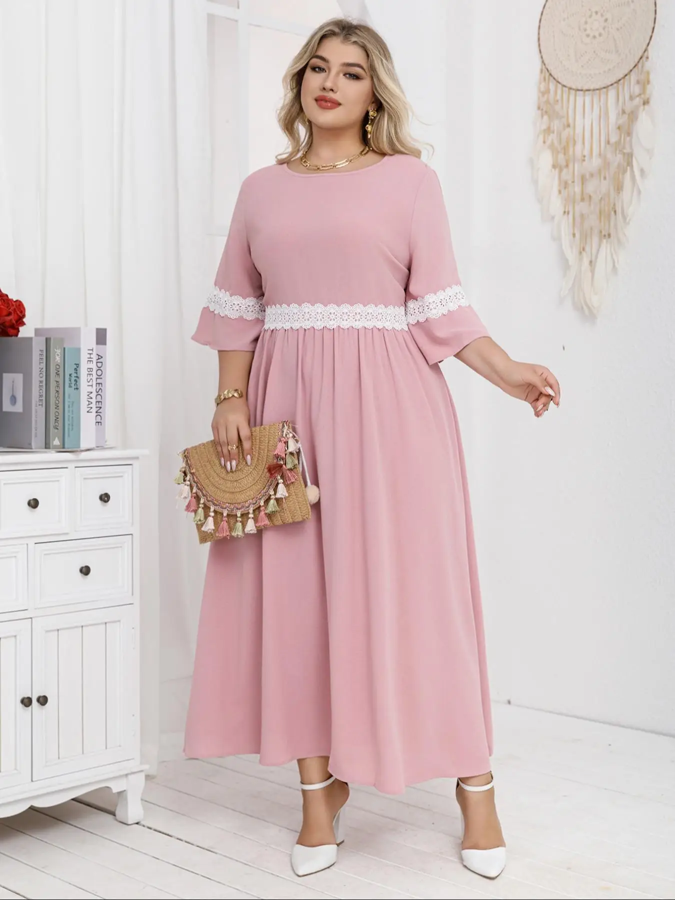【Plus Size】 Patchwork Lace Trim Dress, Elegant Round Neck 3/4 Dress for Party Wedding Guest, Women's Clothes for Spring & Fall