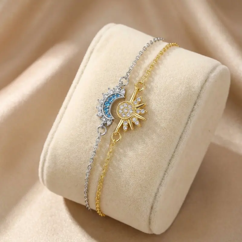 Sun Moon Bracelets for Couples Sparkling Rhinestone Gold Sun Blue Moon Bracelet Matching Couple BFF Brace-lets Friendship Couples Jewelry Anniversary Birthday Valentine Gifts