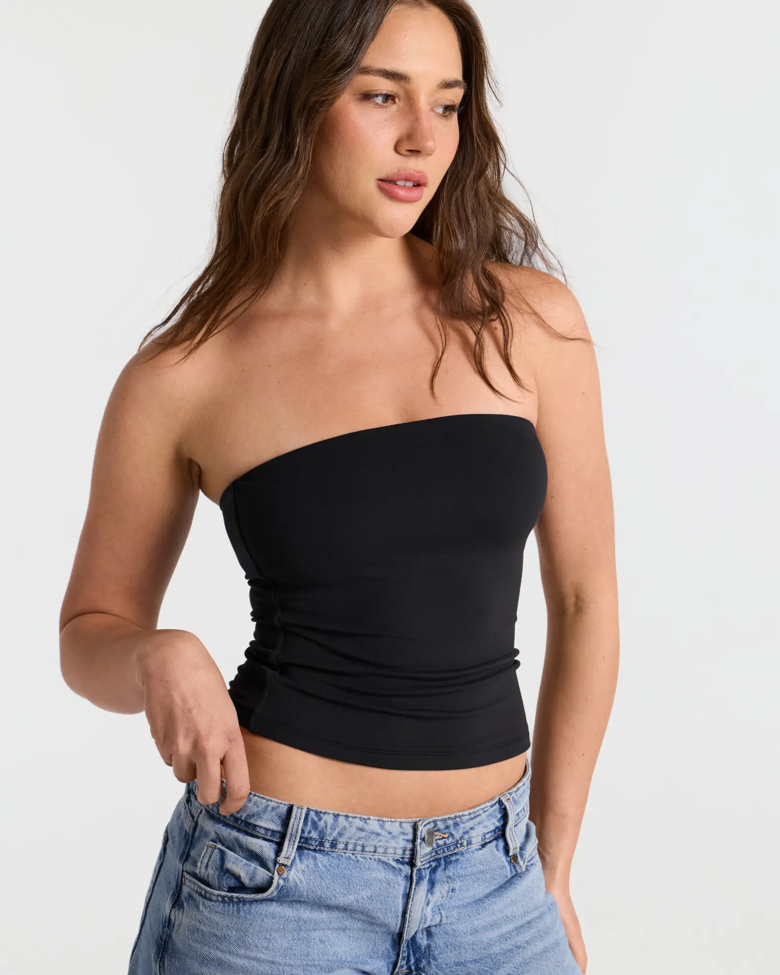 SOLBRACE Women's Double Layer Bandeau Crop Tube Tee, Buttery Soft High Stretch Fabric, Snatched Tight Fit Ultra Stretchy Not See-Through, Daily Layering Essential