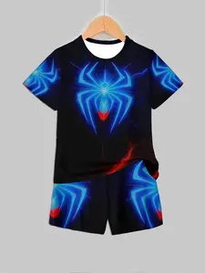 Boys Blue Spider Web Short Sleeve Set, Spiderman Superhero Summer Children Kids Two-Piece Clothing Sets, Casual Fitted Tee Shorts Clothes