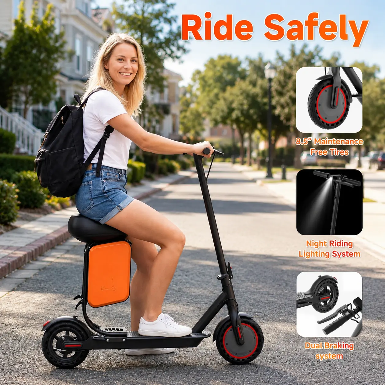 Portable Commuter Electric Scooter with Seat, 350W Motor, 36V Battery, Smart App, 3-Second Folding and Solid Tires