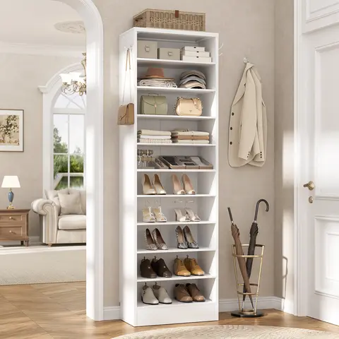 80" Tall Narrow Wood Shoe Rack Organizer, 10-Tier Vertical Closet Organizers with Adjustable Shelves & Hooks, Water Resistant Space-Saving Storage for Family Entryway, Holds 22 Pairs