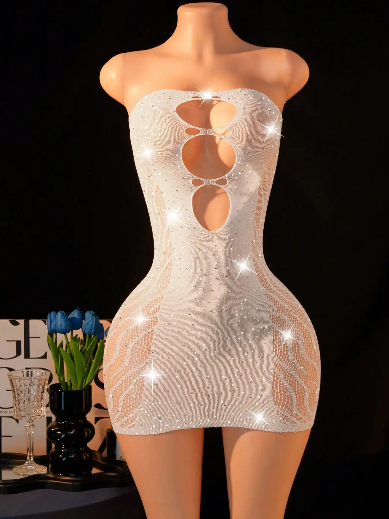 Women's Sexy Sheer Dress, Mesh Bodysuit, Sleeveless Fishnet Mini Bodycon Skirt, One-Shoulder Cutout Design, Rhinestone Nightclub Party Fit, Embellished Dress