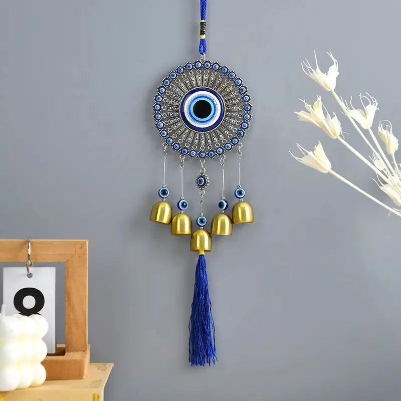 Bohemian Sunflower Metal Hanging Decorative Wind Chime with Tassels, Turkish Evil Eye Bell Pendant Windchimes for Indoor Outdoor Decor, Halloween Christmas Gift