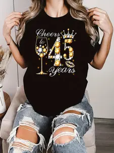 100% Cotton Cheers To 45 Years Old Happy 45th Birthday Queen Drink Wine Women T-Shirt
