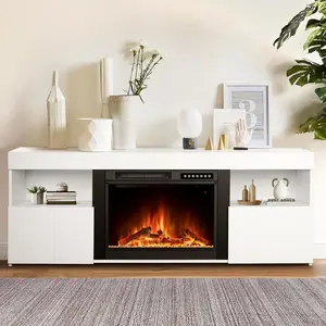 R.W.FLAME  Wall Mount Electric Fireplace Heater with Mantel, Remote, 4 Flame & 12 Ember Colors, Thermostat Control, Overheat Protection, for Indoor Use