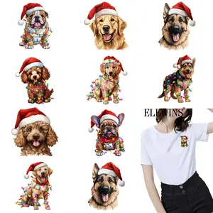 12 Piece Christmas Dog Iron-On Patches, Cute Puppy Design with Santa Hat & Floral Patterns, Self-Adhesive Fabric Decorative Stickers