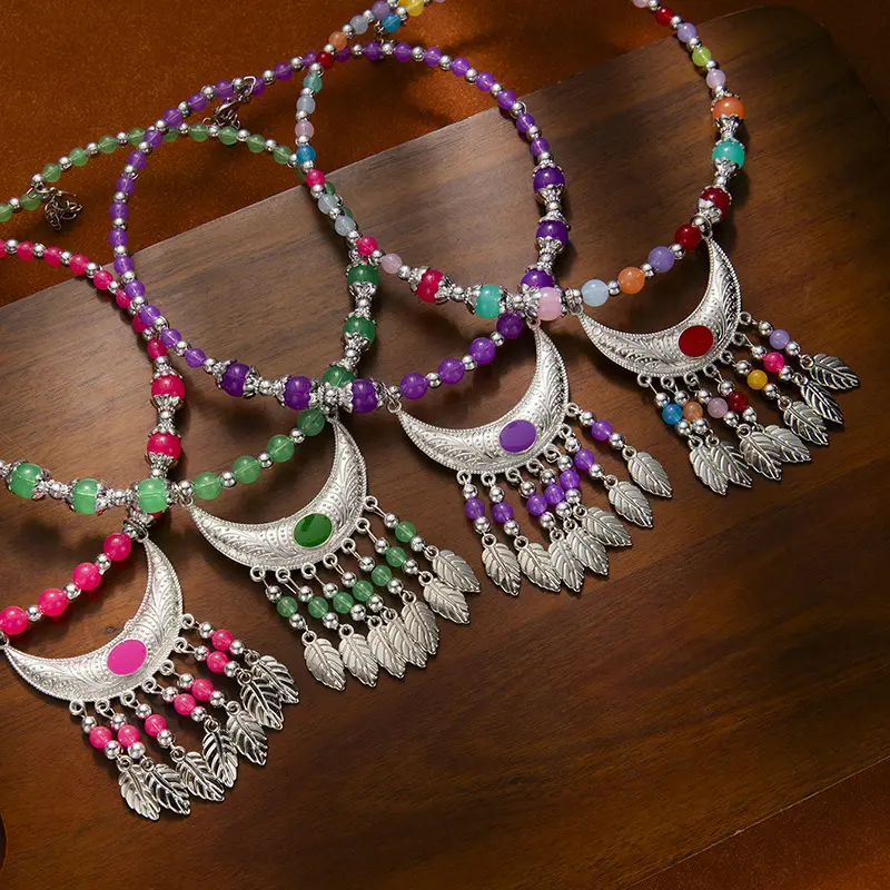 Bohemian ethnic style colorful beaded forehead chain with tassels, Tibetan vintage choker necklace and headpiece