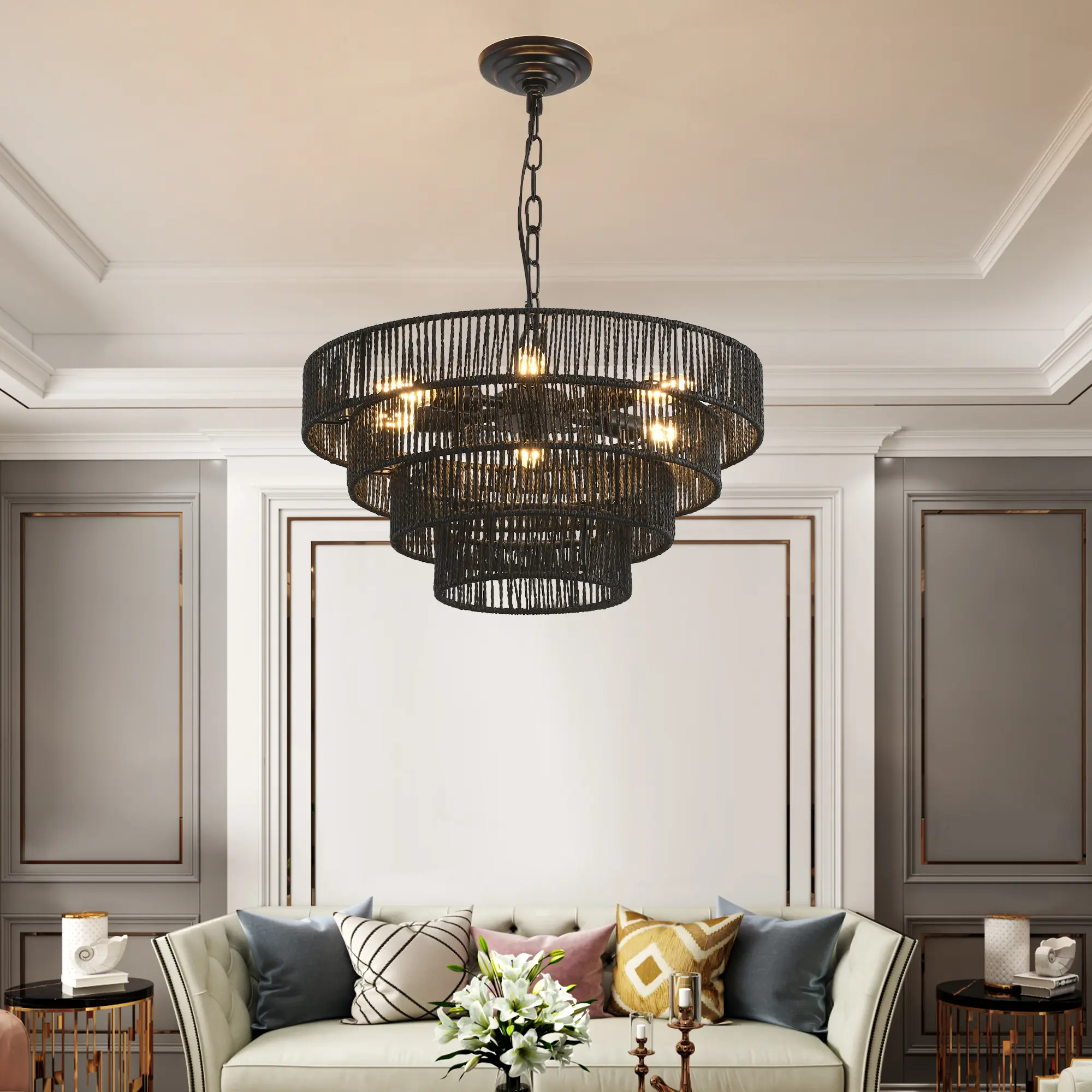 4-Tier Black Hemp Rope Boho Rustic Chandelier Lamp, 19.7" x 19.7" x 13.4" UL Listed Hard-Wired Indoor Ceiling Mount Pendant Light, Handmade 6-E12 Socket Fixture for Dining Room, Kitchen, Indoor Use