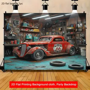 2D flat banner, 1 piece, red retro car background fabric, featuring a classic and fashionable design, highly suitable for car exhibitions, racing events and photography purposes, kdj