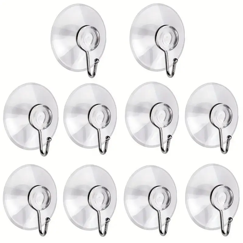 Suction Cup Hook, 10pcs Reusable Clear Strong Suction Cup Hook with Metal Hook, Removable Suction Cup Hook for Bathroom Shower Wall, Kitchen Walls, Window, Glass Door, Bathroom Accessory, Shower Suction Cup Hooks