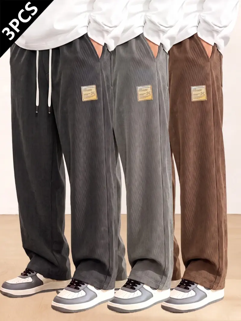 LIFE KEEPS MOVING 3-Pack Men’s Lightweight Summer Flannel Casual Athletic Pants, Solid Color Straight-Leg Design, Textured Fabric, Elastic Drawstring Waistband, Straight-Leg Fit, Suitable for Home, Travel, Vacations, Beach, Gym, and Daily Commuting