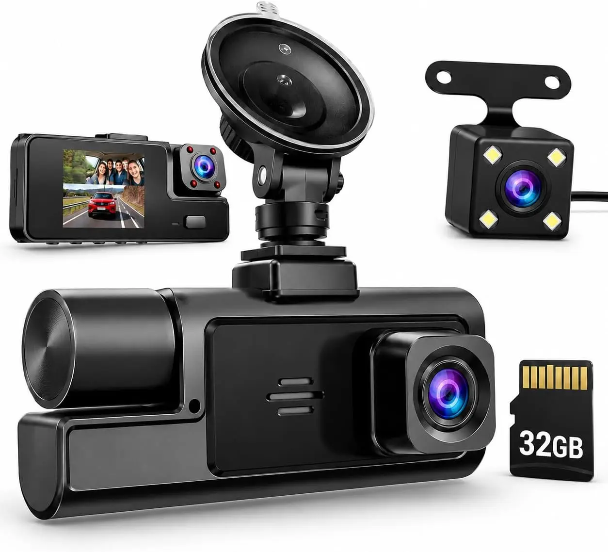 Acuvar WiFi 1080P 3 Channel Dash Cam for Cars, Front Inside Rear Dash Camera with 32GB Card, 170° Wide Angle, G-Sensor, Loop Recording, Night Vision, WDR, 2" Screen, Car Camera for Cars, Trucks & SUV