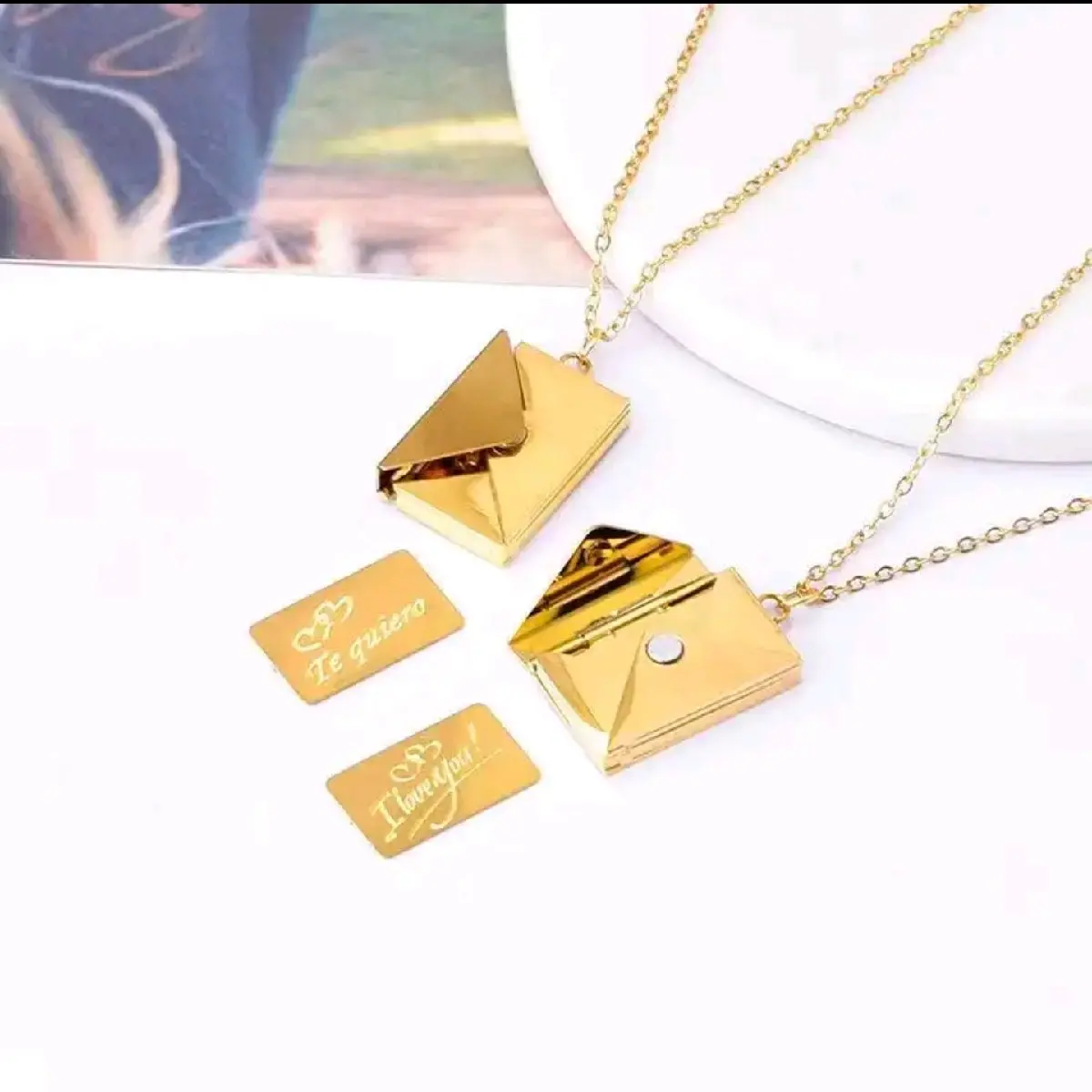 Stainless Steel Gold Necklace with Envelope Charm and Love You Message