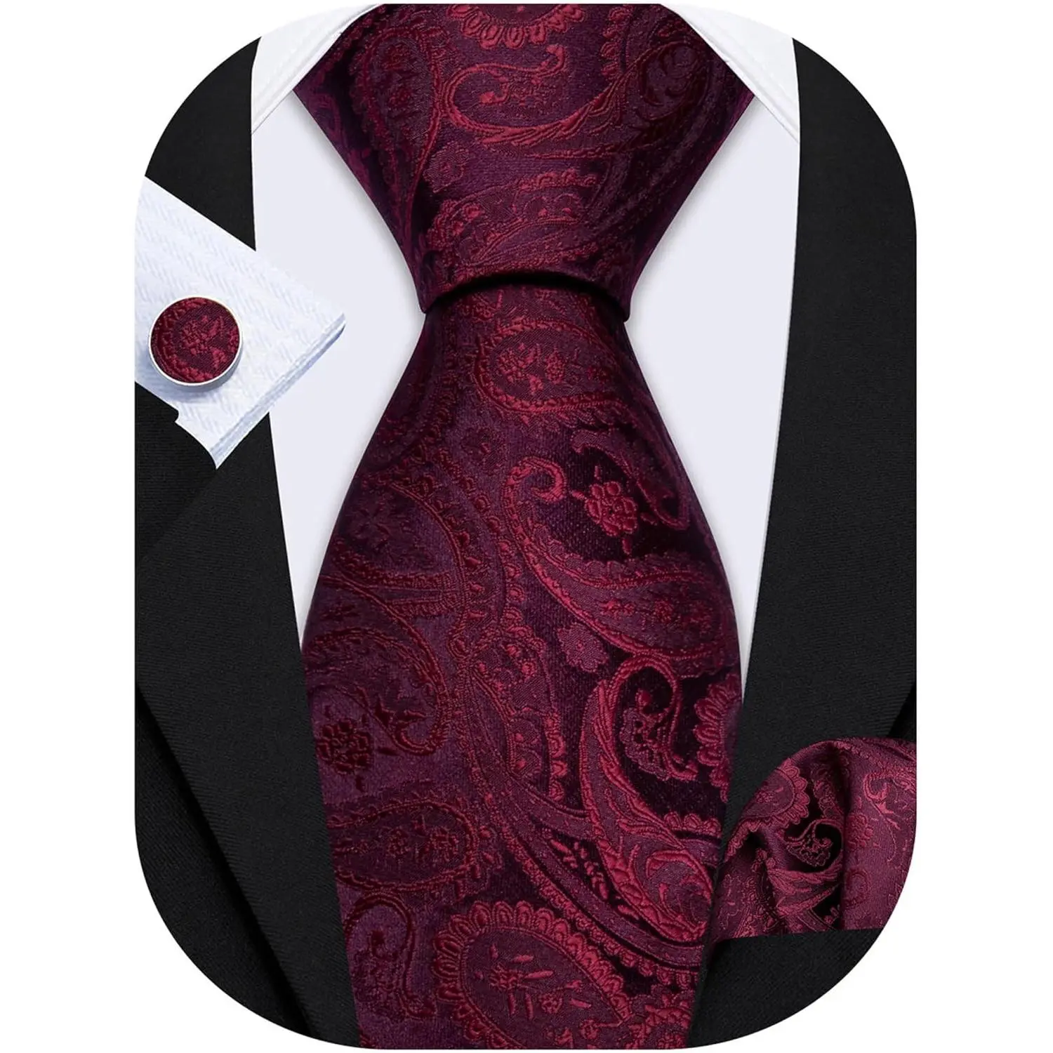 Men's Paisley Silk Tie Set - Burgundy Satin, Bold Pattern, Colorful Patterned, Designer Print Necktie with Pocket Square & Cufflinks for Formal Wedding, Business Events, Burgundy Satin Neckties, Bold Pattern Neckties