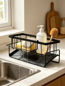 Kitchen Sink Caddy Organizer with Removable Hanging Rod, Metal Dishwashing Storage Rack with Sponge Holder, Soap Tray and Towel Bar, Space Saving Countertop Sink Organizer for Kitchen Bathroom Cleaning Accessories
