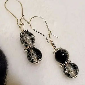 Handmade Black and Silver Glitter Beads Earrings with Silvertone Accents