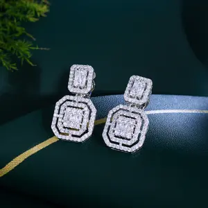 Clip On Cubic Zirconia Drop Earrings, Sparkling Double Layer Geometric Earrings for Women, No Piercing Needed, Ideal for Weddings, Parties & Daily Wear