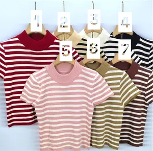 Striped Crop Top - Short Sleeve Round Neck Fitted Summer Wear in Multiple Colors for Casual Outings