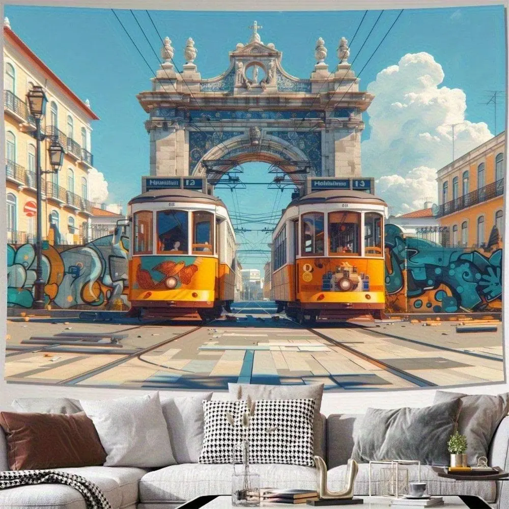 1pc Retro Architectural Trams Landscape Peach Skin Tapestry, Polyester Tapestry, Suitable For Living Room, Bedroom And Office Tapestries, Home Decoration, Room Decoration, Party Decoration, School Start Season, Dormitory Must-Haves, Autumn Gifts